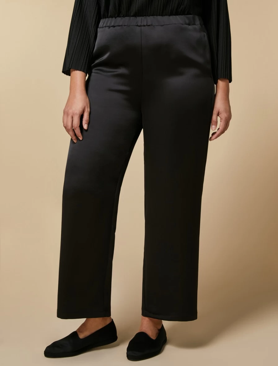 "Marina Rinaldi Women's Black Satin Trousers – Elegant High-Waisted Palazzo Pants"