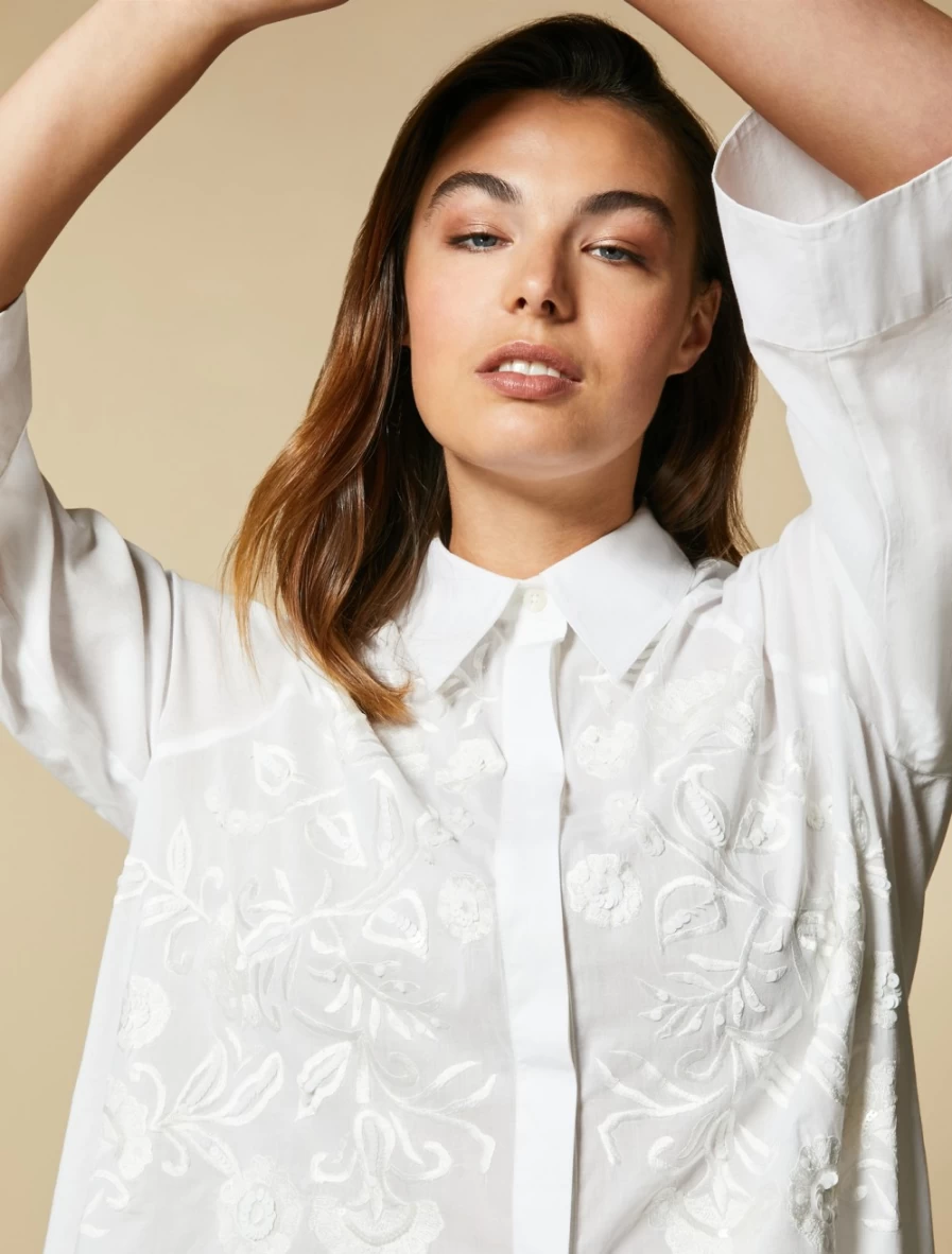 Marina Rinaldi Women's White Embroidered Voile Shirt - Elegant Feminine Top