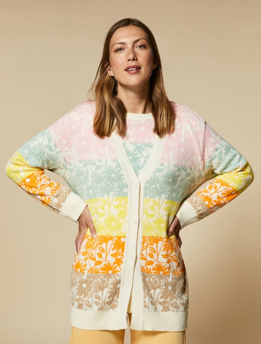 "Marina Rinaldi Women's White Jacquard-Knit Cotton Cardigan Sweater"