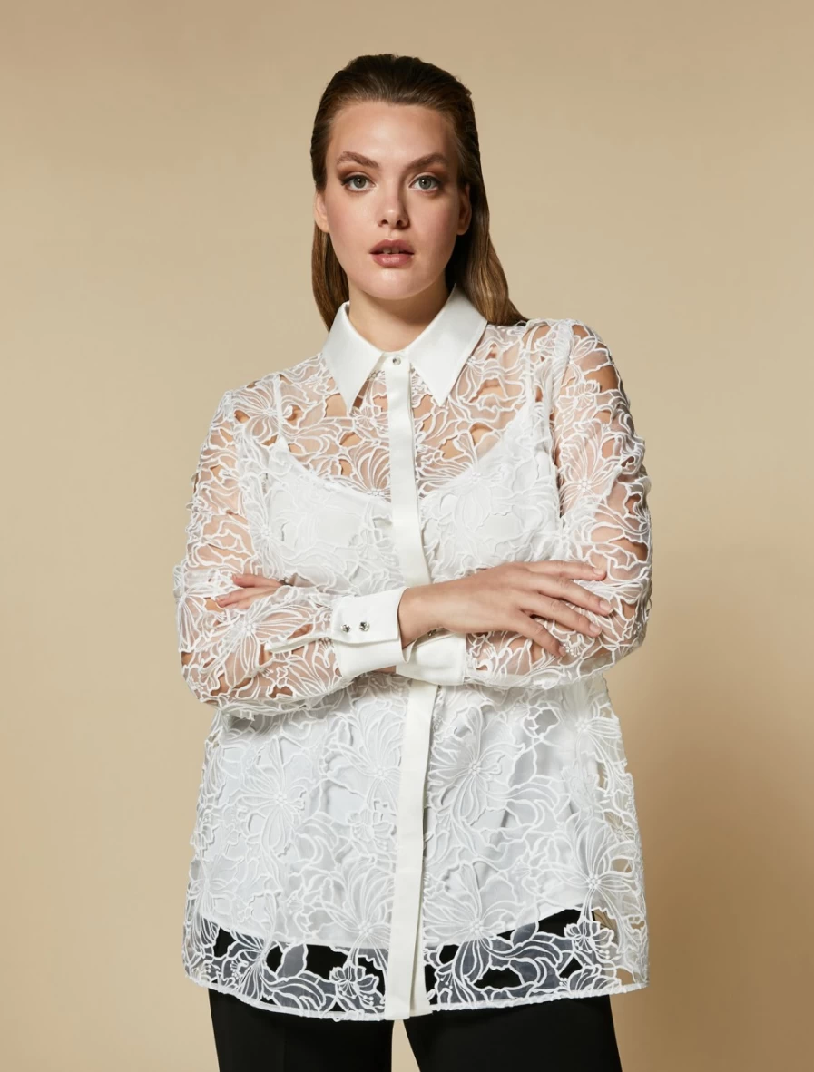"Marina Rinaldi Women's White Embroidered Organza Shirt – Elegant Blouse for Women"