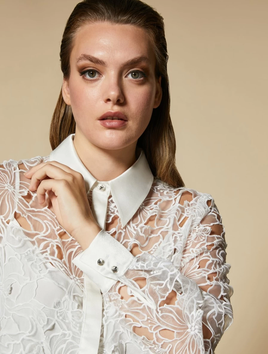 "Marina Rinaldi Women's White Embroidered Organza Shirt – Elegant Blouse for Women"