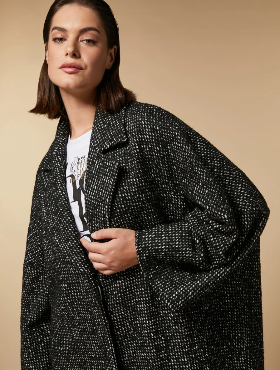 "Marina Rinaldi Women's Black Tweed Coat – Classic Elegant Outerwear"