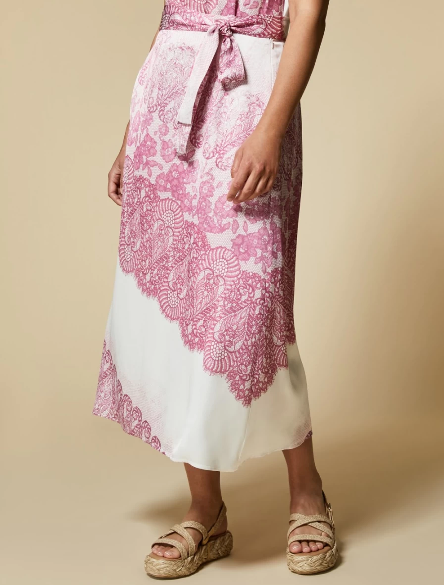 "Marina Rinaldi Women's Pink Printed Satin Skirt – Elegant Floral Design"