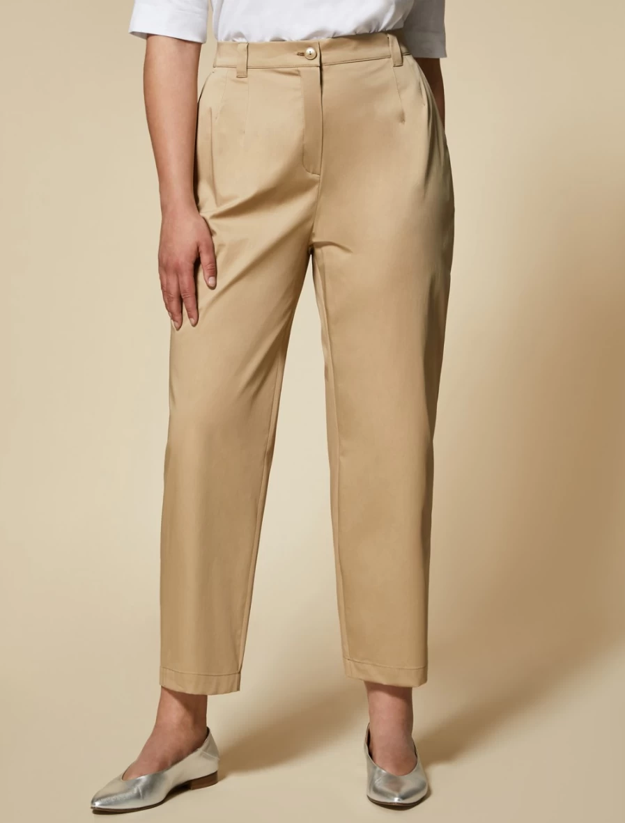 Marina Rinaldi Women's Organic Cotton Satin Trousers in Camel - Eco-Friendly Luxury Pants