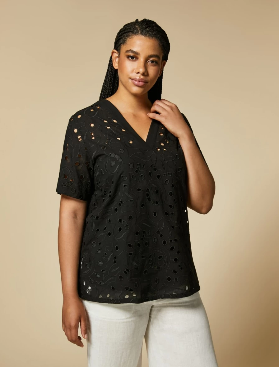 Marina Rinaldi Women's Black Embroidered Voile Blouse