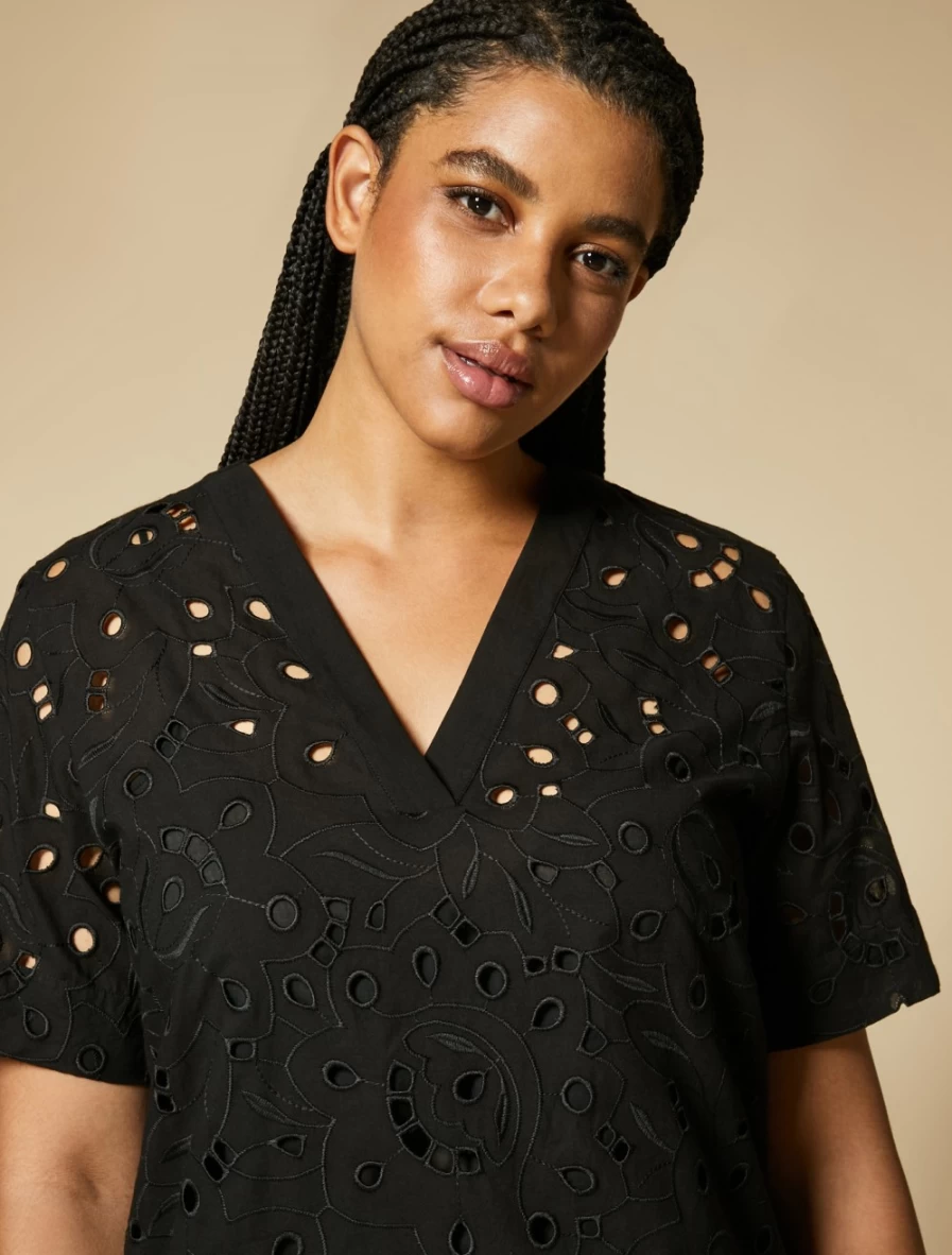 Marina Rinaldi Women's Black Embroidered Voile Blouse