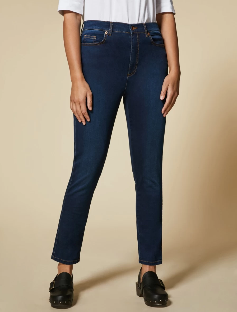 "Marina Rinaldi Women's Dark Navy Slim-Fit Satin Denim Jeans"