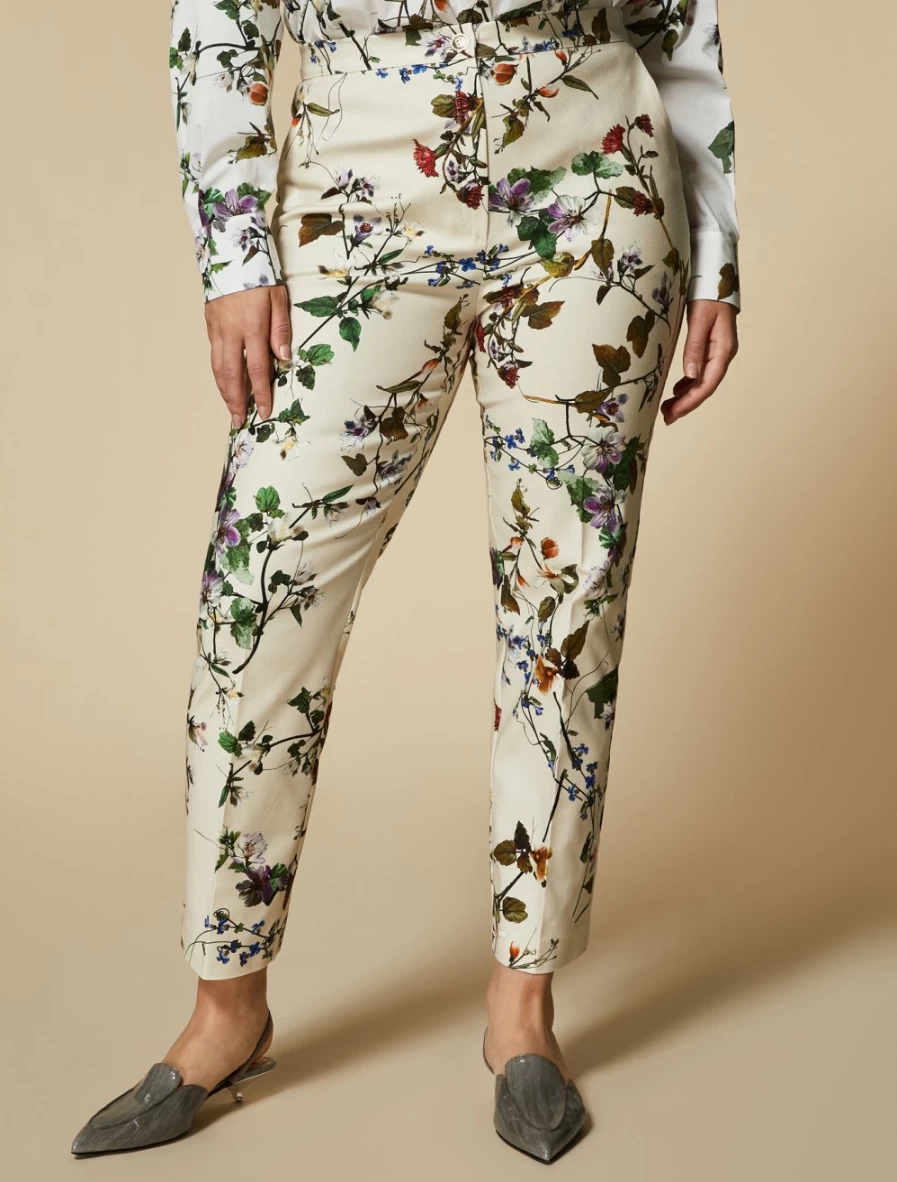 Marina Rinaldi Women's Beige Printed Cotton Trousers | Comfortable & Stylish