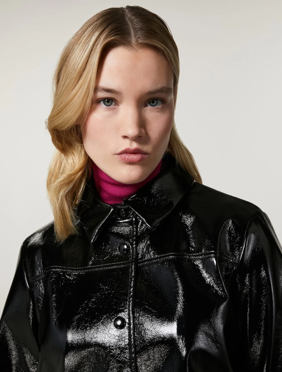 Marina Rinaldi Women's Black Crackle-Effect Patent Leather Cropped Jacket