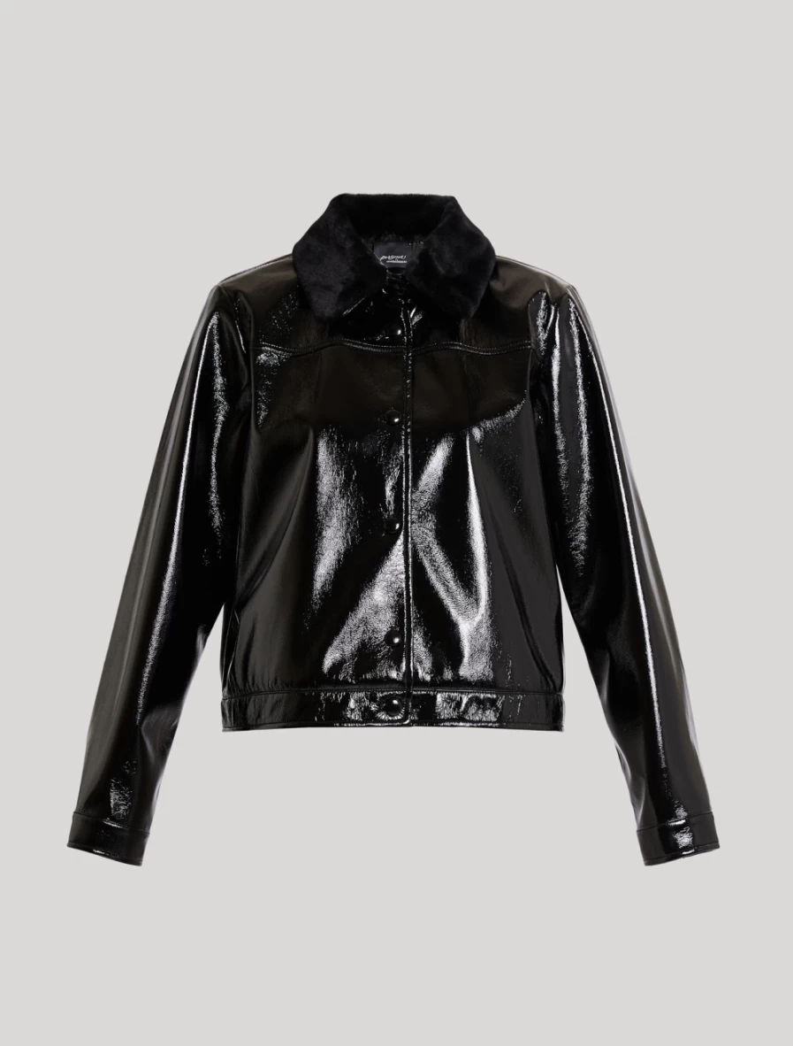 Marina Rinaldi Women's Black Crackle-Effect Patent Leather Cropped Jacket