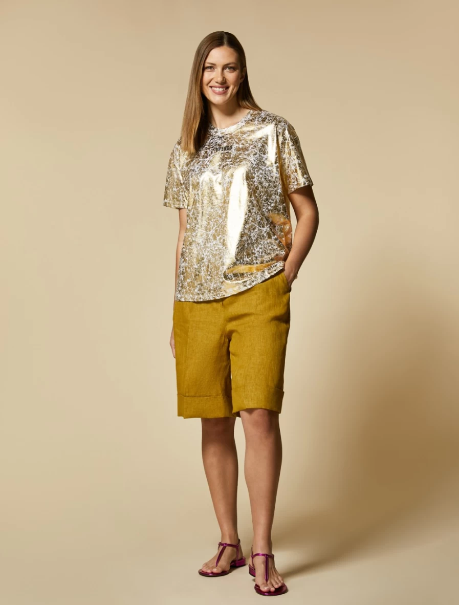 "Marina Rinaldi Women's Mustard Linen Bermuda Shorts – Lightweight & Comfortable"