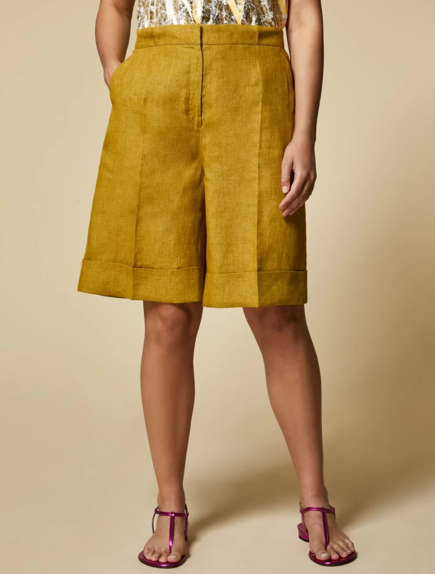 "Marina Rinaldi Women's Mustard Linen Bermuda Shorts – Lightweight & Comfortable"
