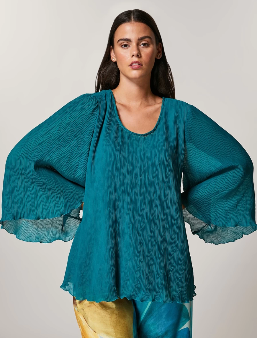 Marina Rinaldi Women's Dark Green Pleated Georgette Tunic Top