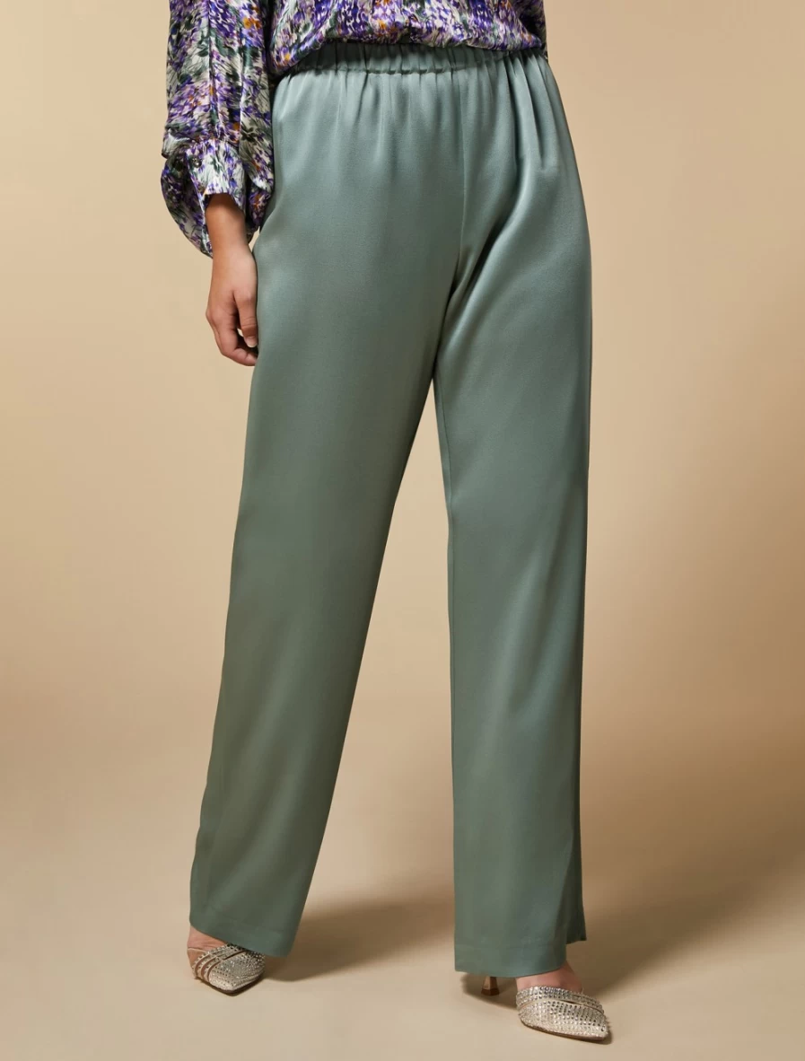Marina Rinaldi Women's Green Shiny Fabric Trousers - Elegant High-Waisted Comfort Pants