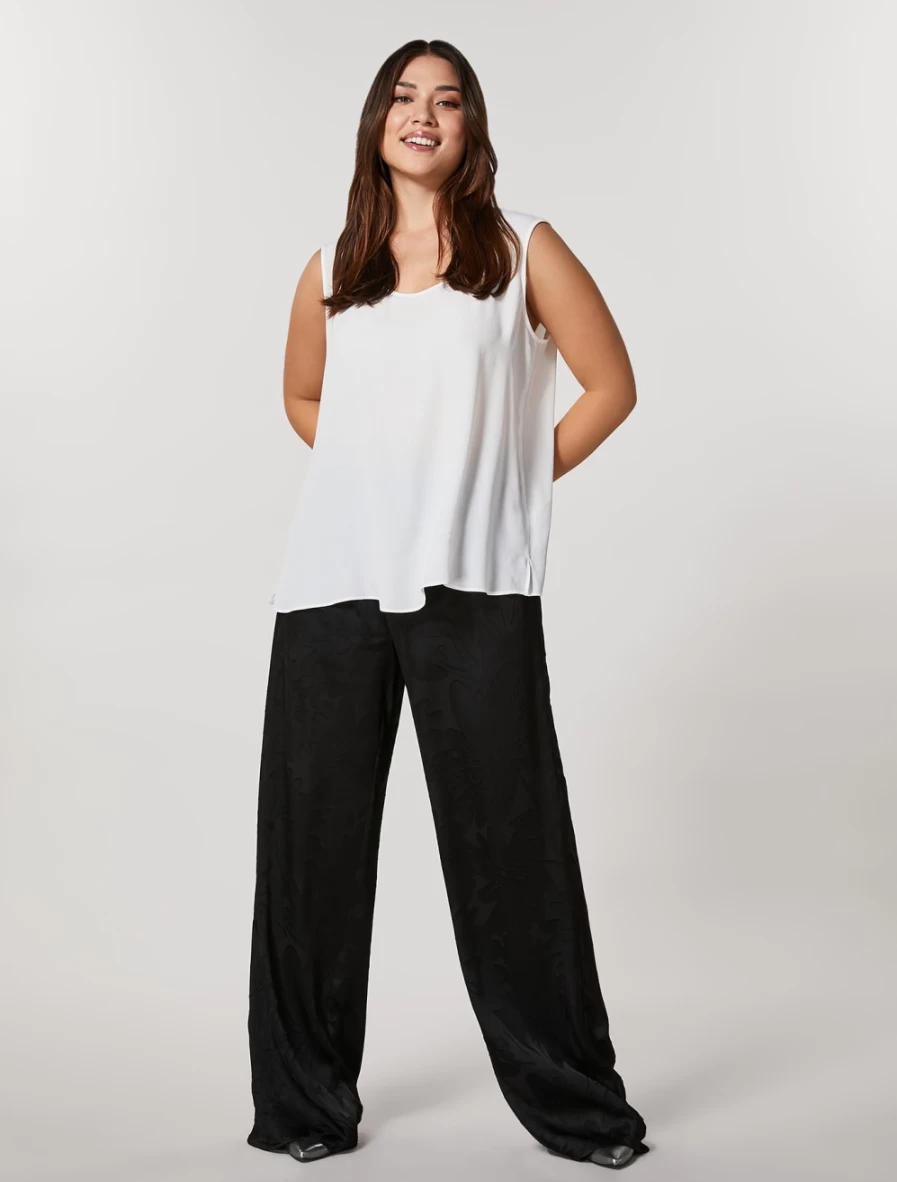 Marina Rinaldi Women's Black Burnout Satin Trousers - Elegant High-Waisted Palazzo Pants