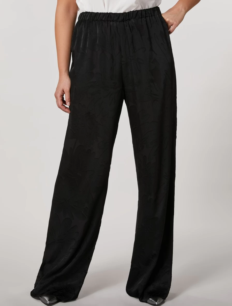 Marina Rinaldi Women's Black Burnout Satin Trousers - Elegant High-Waisted Palazzo Pants