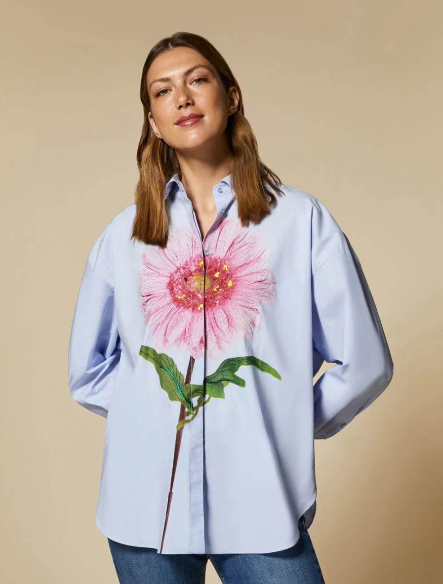 "Marina Rinaldi Women's Ski Blue Print-Adorned Poplin Shirt"
