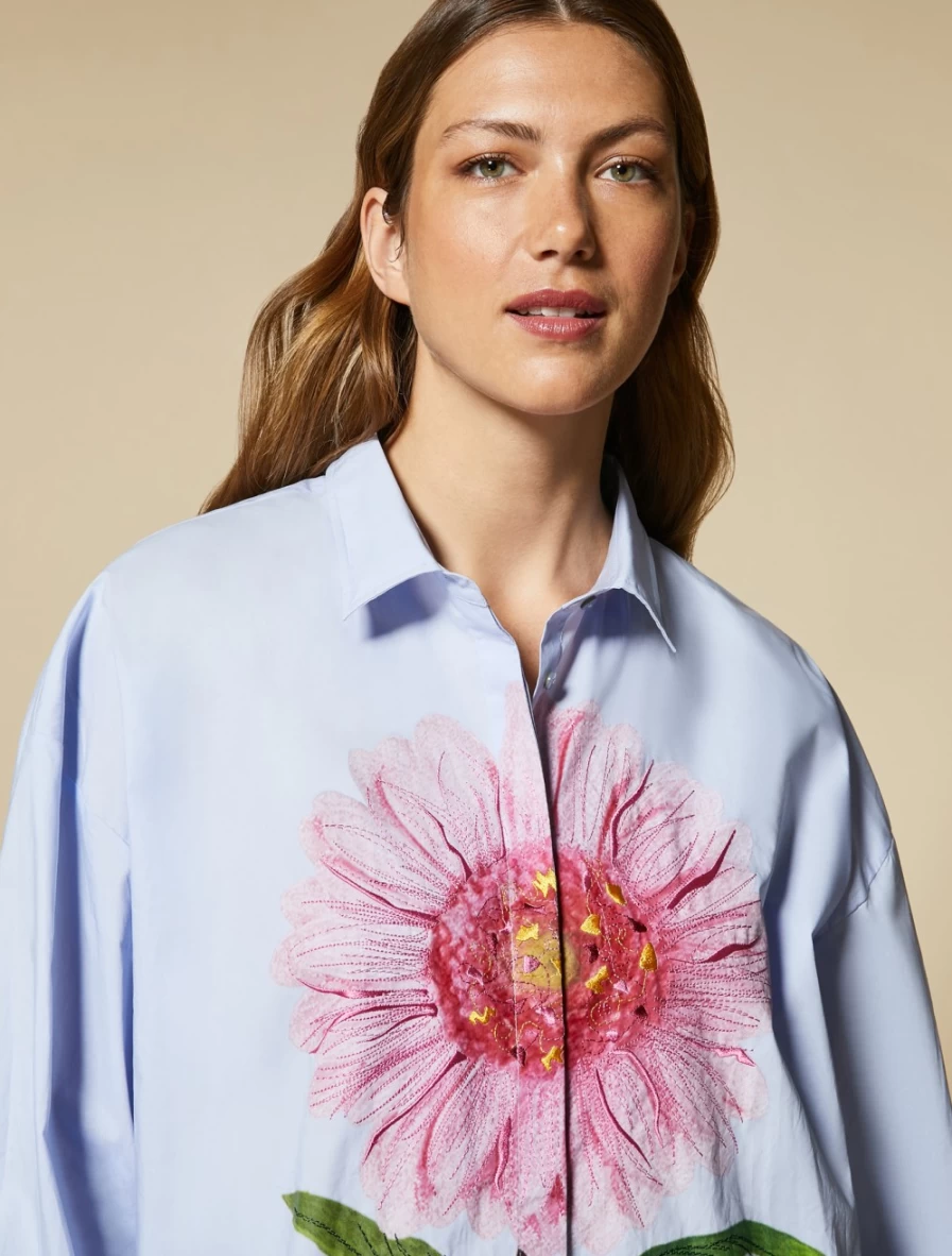 "Marina Rinaldi Women's Ski Blue Print-Adorned Poplin Shirt"