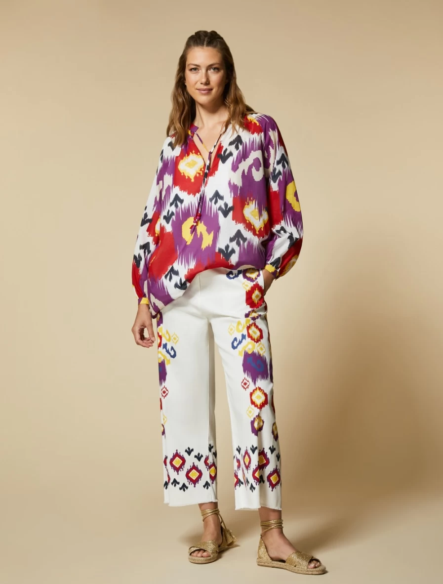 Marina Rinaldi Women's White Cotton Cropped Trousers with Print Design