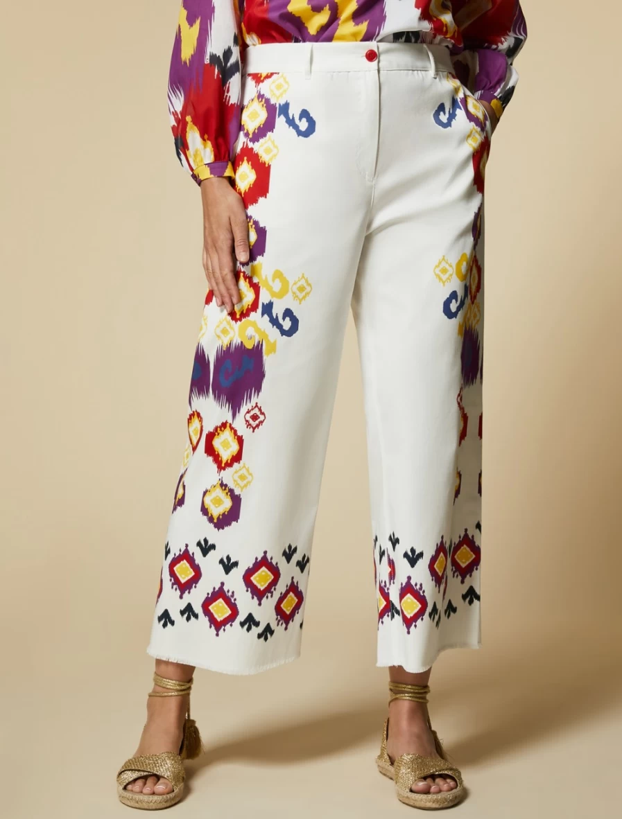 Marina Rinaldi Women's White Cotton Cropped Trousers with Print Design