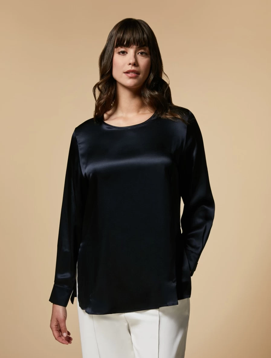 Marina Rinaldi Women's Dark Navy Silk Satin Blouse – Elegant Long Sleeve Tops
