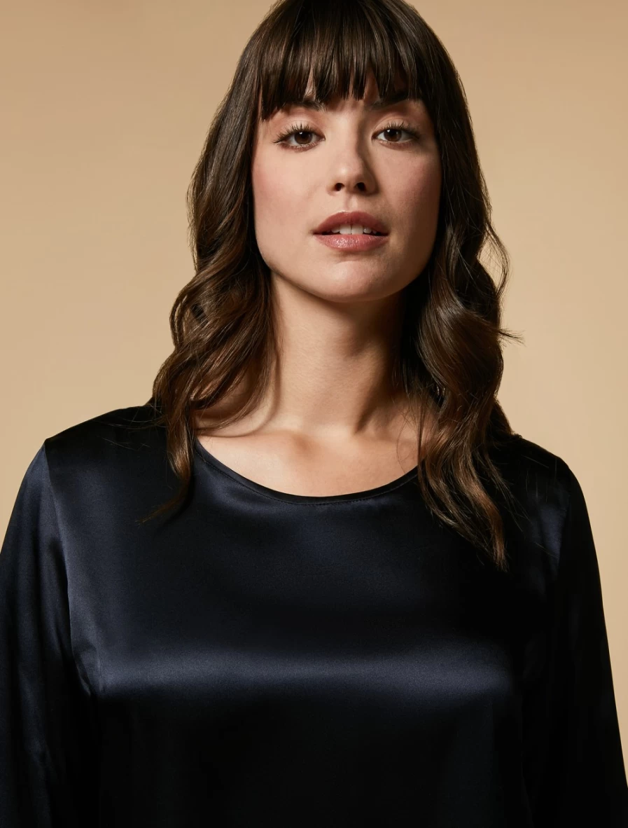 Marina Rinaldi Women's Dark Navy Silk Satin Blouse – Elegant Long Sleeve Tops