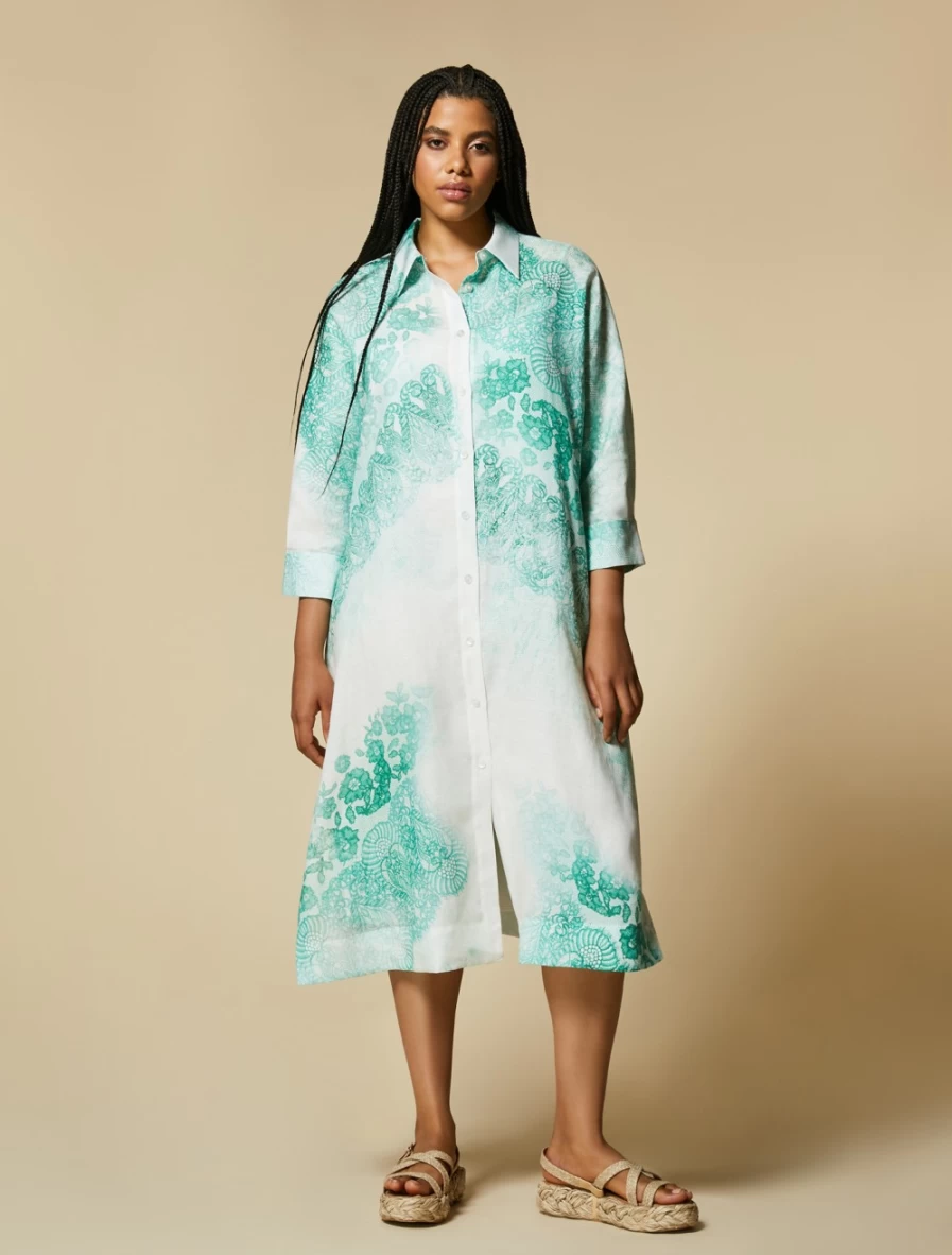 Marina Rinaldi Women's Dark Green Printed Linen Dress