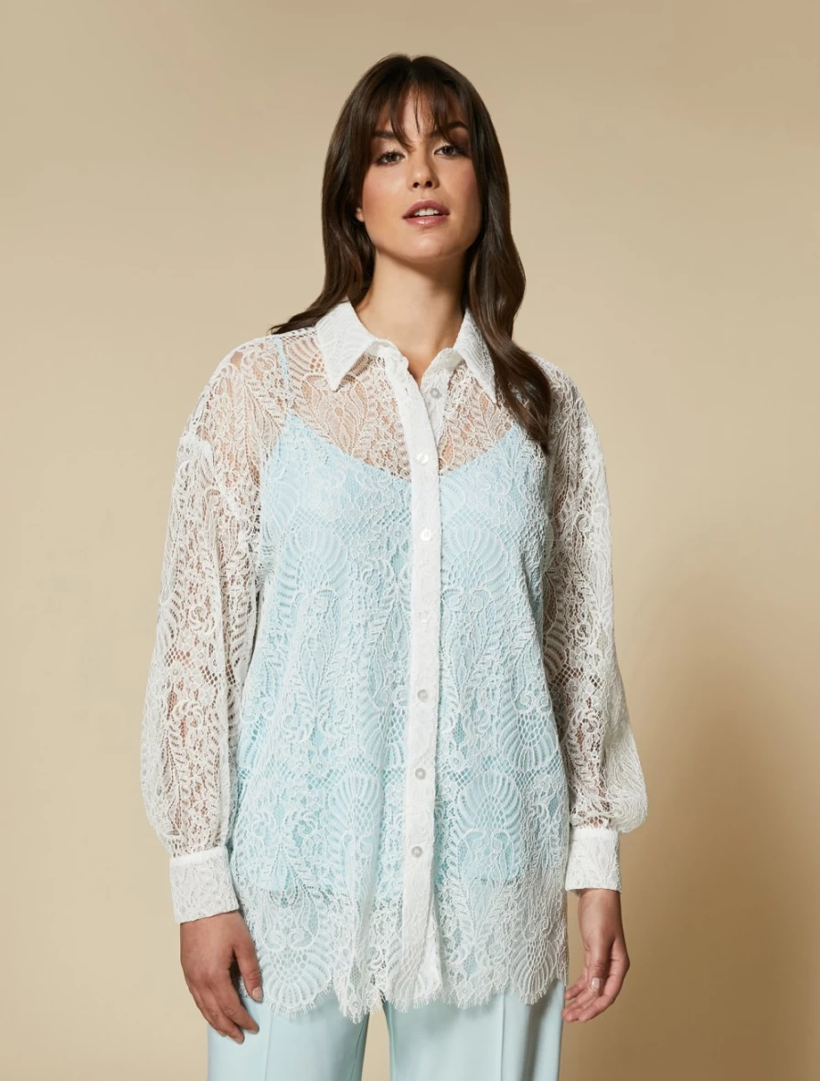 Marina Rinaldi Women's White Lace Shirt - Elegant Rebrod Detail Blouse