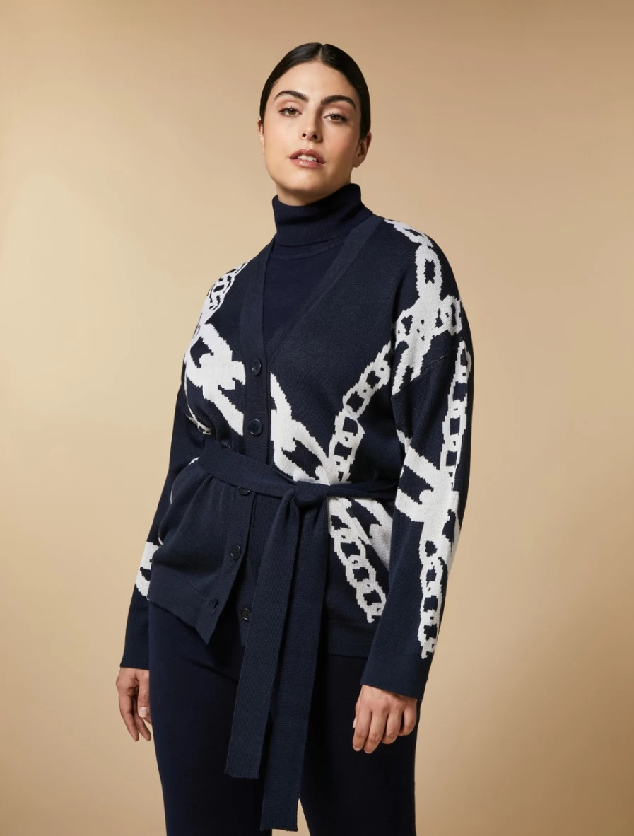 Marina Rinaldi Women's Dark Navy Jacquard Wool-Blend Cardigan Sweater