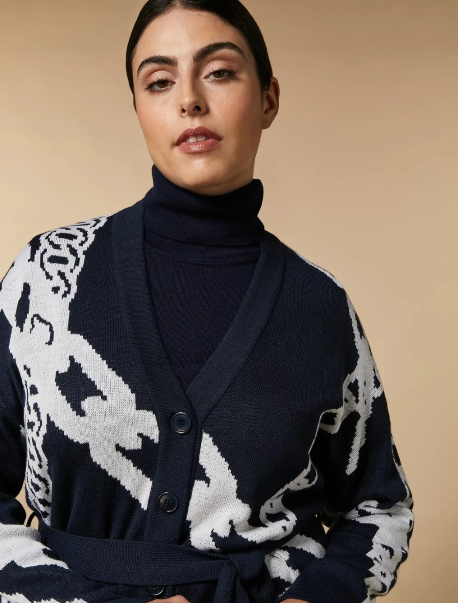 Marina Rinaldi Women's Dark Navy Jacquard Wool-Blend Cardigan Sweater