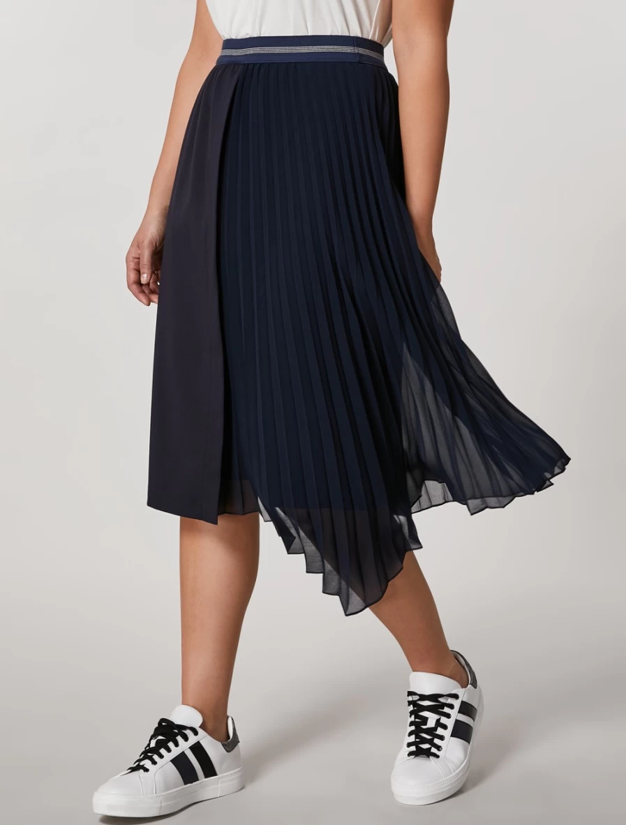 "Marina Rinaldi Women's Dark Navy Pleated Georgette Skirt with Jersey Detail"