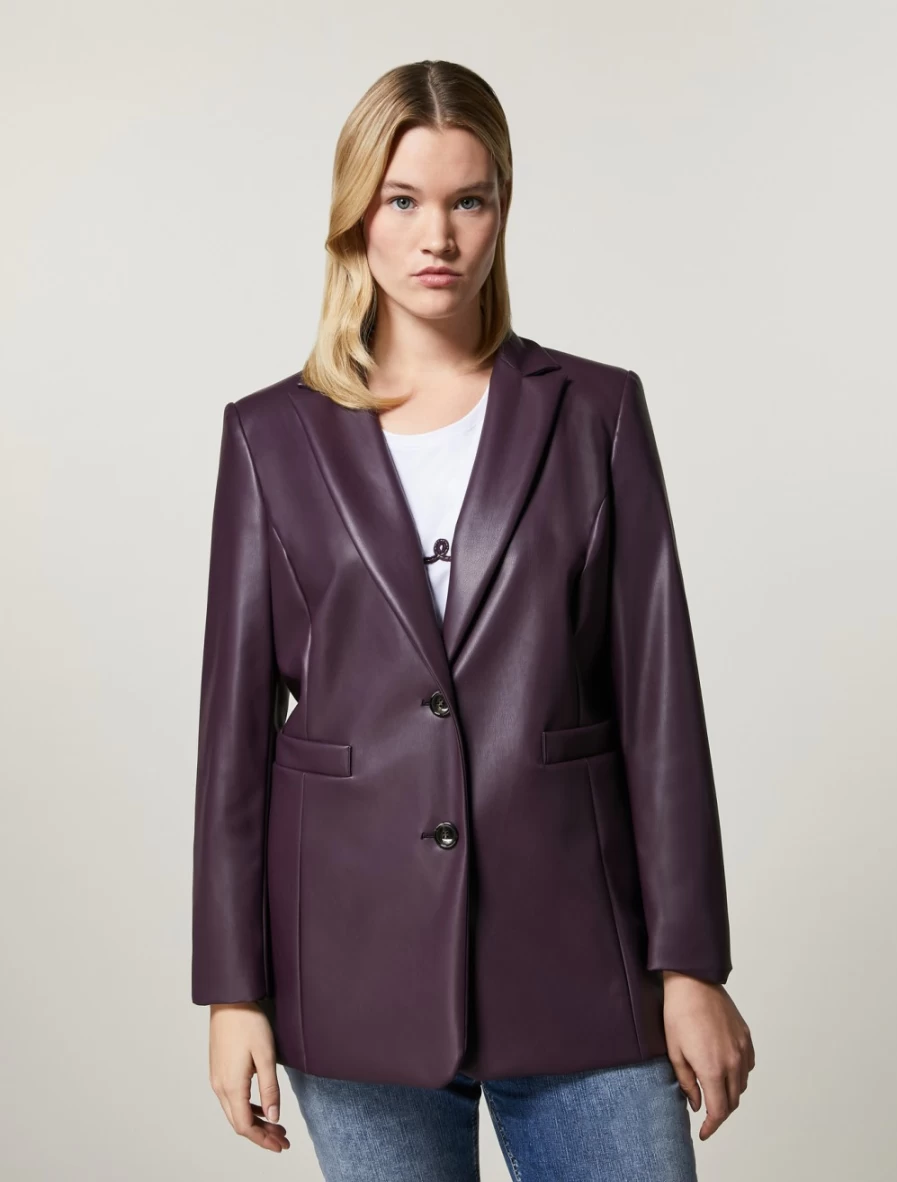 Marina Rinaldi Women's Purple Faux Leather Blazer - Elegant Stretch Fabric Jacket