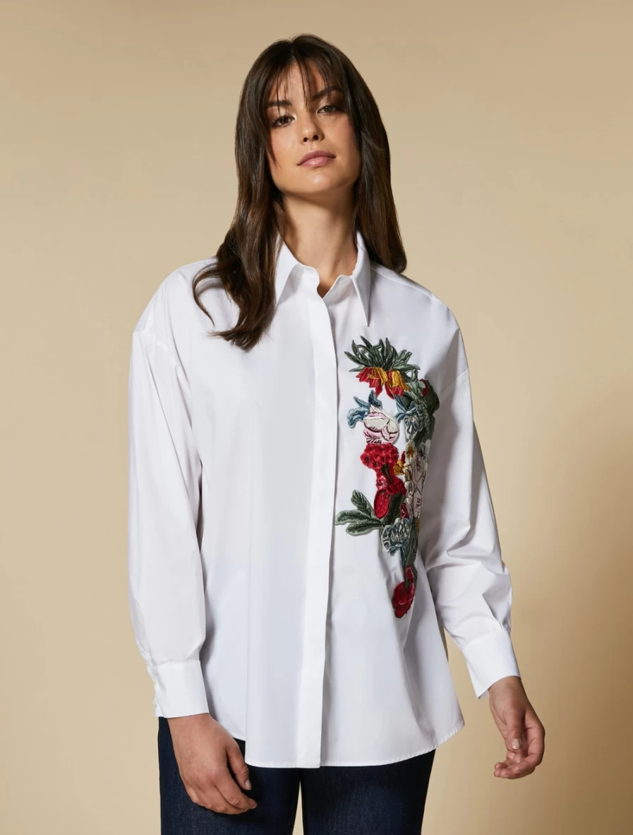 "Marina Rinaldi Women's White Poplin Embroidered Shirt"