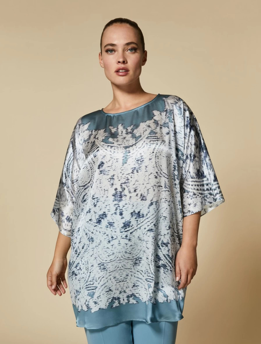 "Marina Rinaldi Women's Silk Satin Tunic in Ski Blue | Elegant Blouse Top"