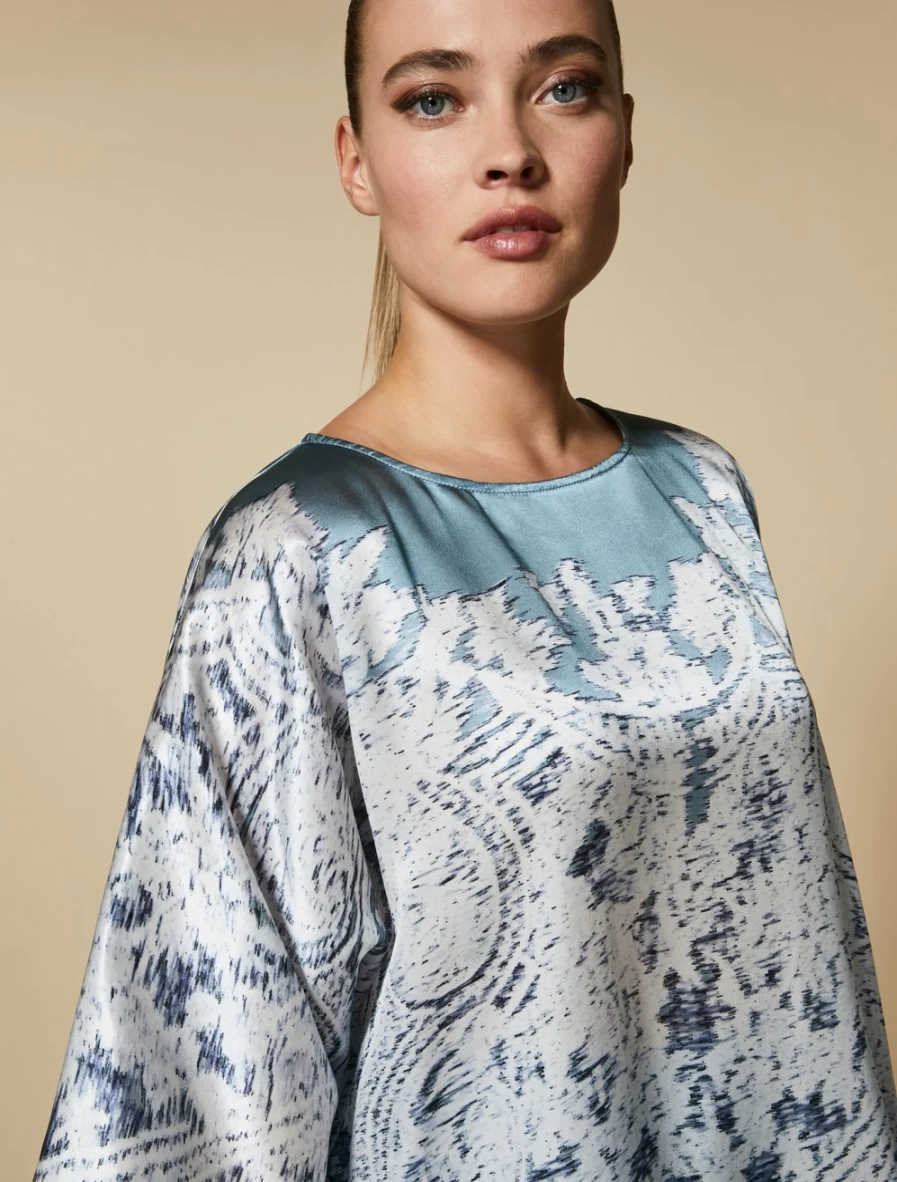 "Marina Rinaldi Women's Silk Satin Tunic in Ski Blue | Elegant Blouse Top"