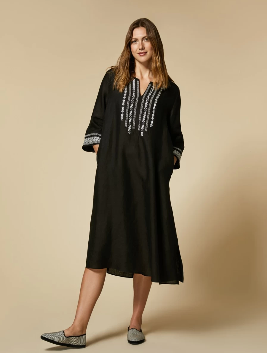 Marina Rinaldi Women's Black Pure Linen Embroidered Dress