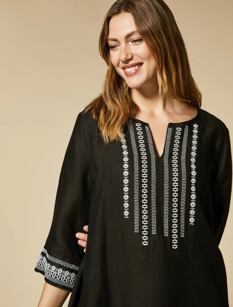Marina Rinaldi Women's Black Pure Linen Embroidered Dress