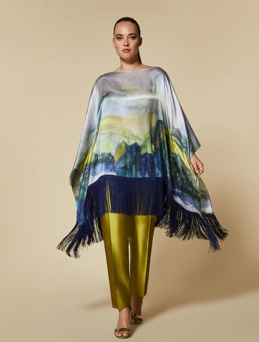 "Marina Rinaldi Women's Yellow Printed Silk Satin Poncho – Elegant Fashion Wrap"