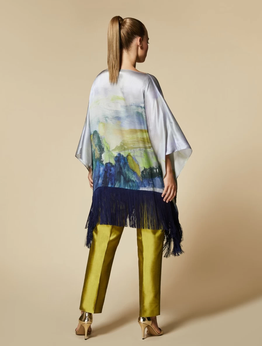 "Marina Rinaldi Women's Yellow Printed Silk Satin Poncho – Elegant Fashion Wrap"