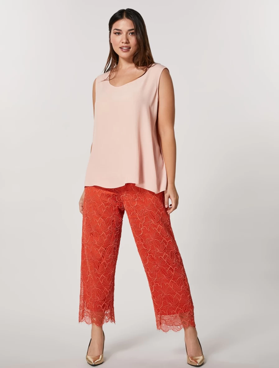 Marina Rinaldi Women's Rust Lace Trousers - Elegant High-Waisted Wide Leg Pants
