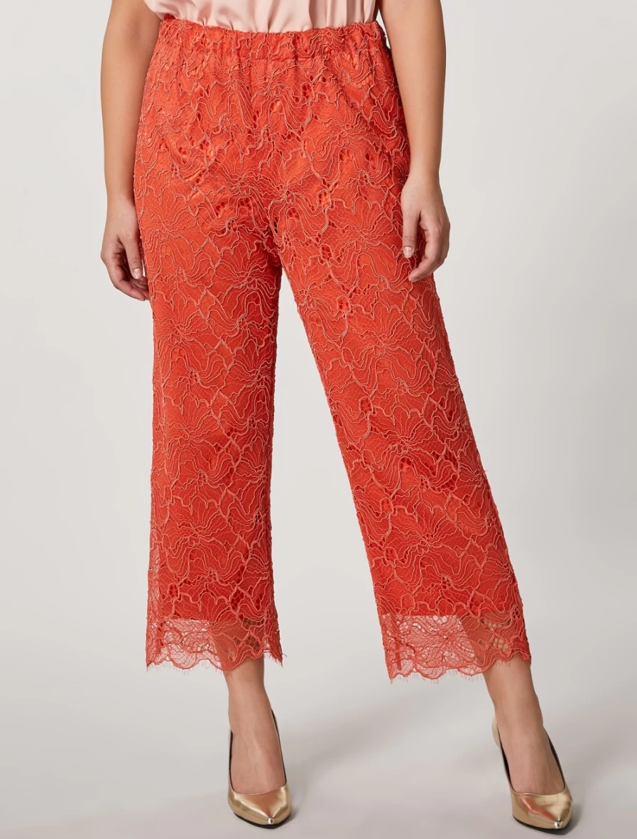 Marina Rinaldi Women's Rust Lace Trousers - Elegant High-Waisted Wide Leg Pants