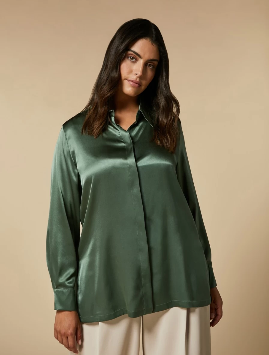 Marina Rinaldi Women's Olive Green Silk Satin Shirt - Luxury Elegant Blouse