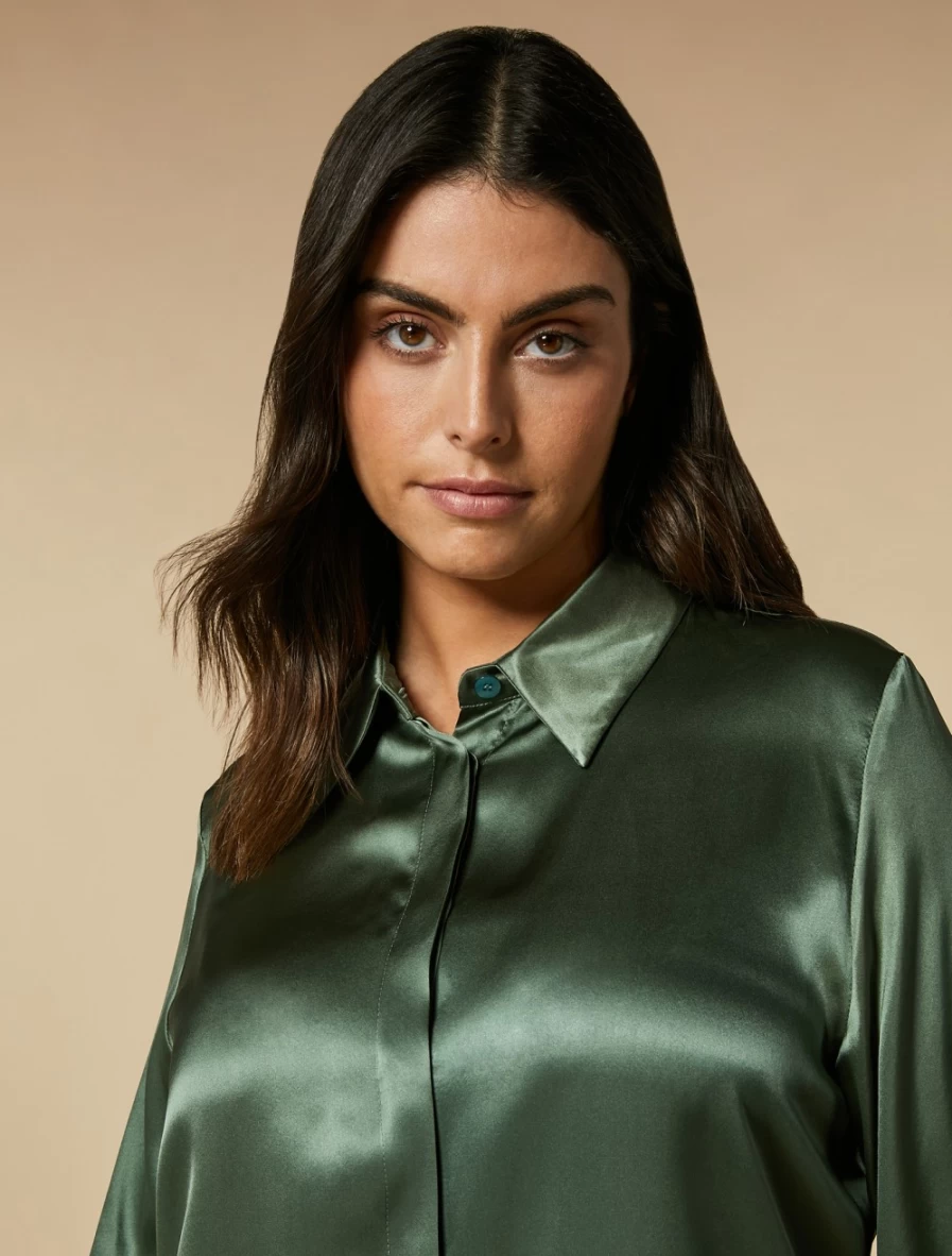 Marina Rinaldi Women's Olive Green Silk Satin Shirt - Luxury Elegant Blouse