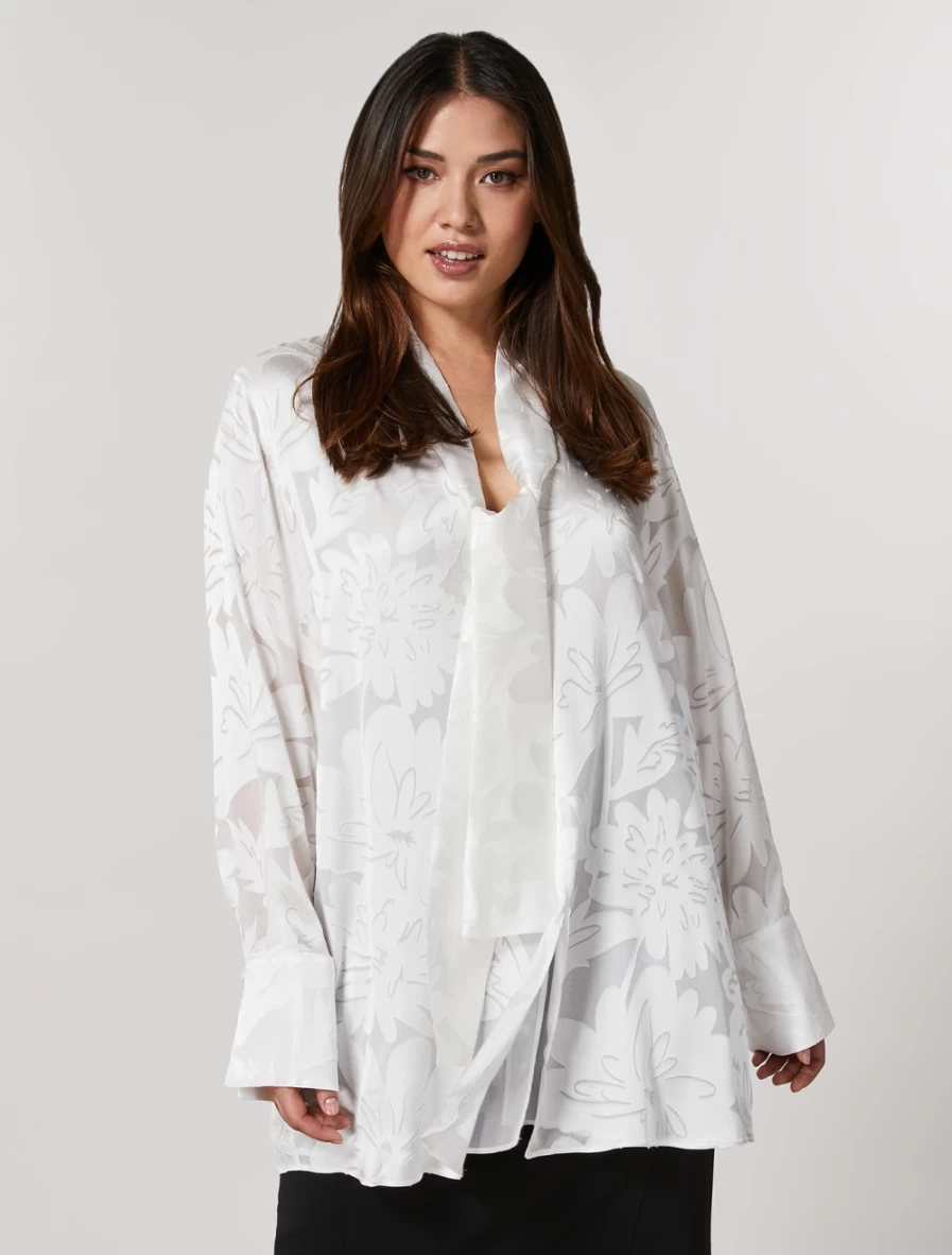 Marina Rinaldi Women's White Burnout Satin Blouse - Elegant Sleeve Top for Women