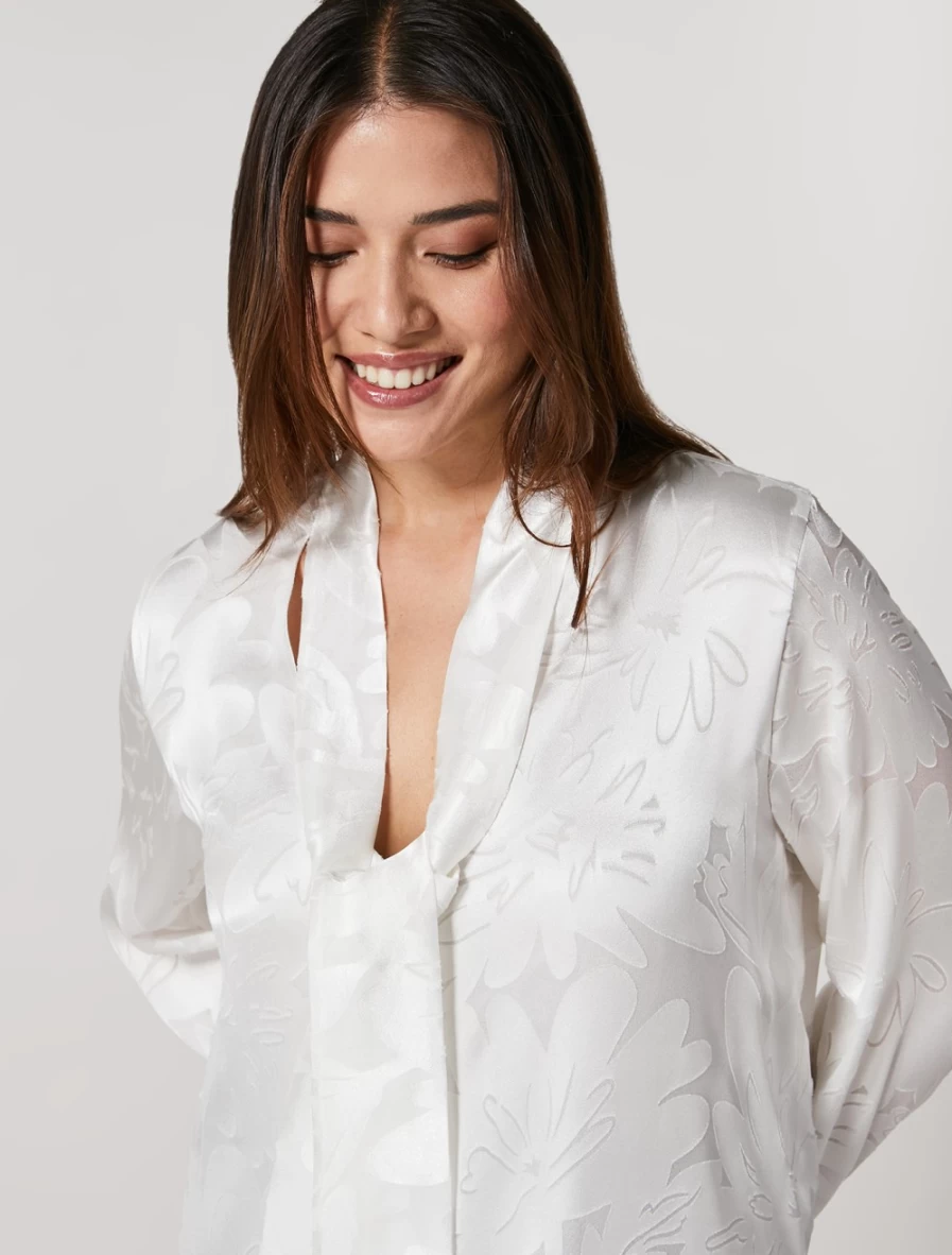 Marina Rinaldi Women's White Burnout Satin Blouse - Elegant Sleeve Top for Women