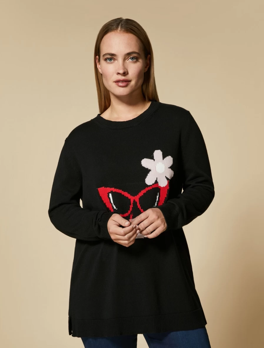 Marina Rinaldi Women's Black Jacquard-Knit Cotton Sweater