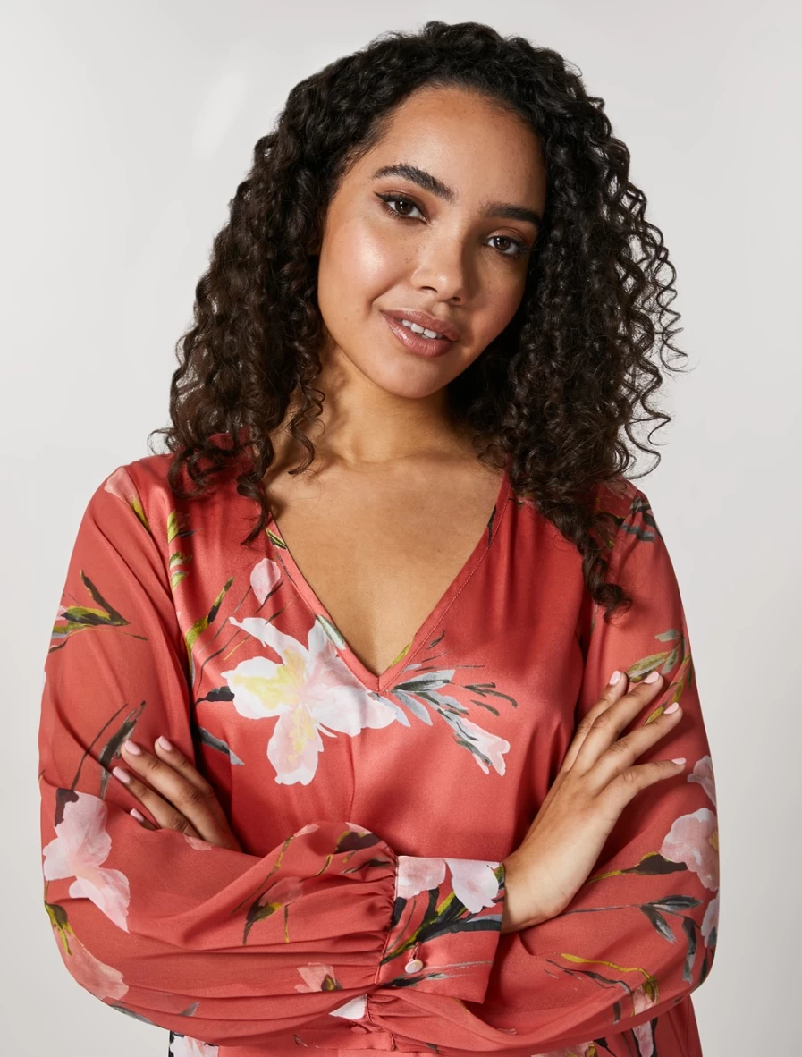 "Marina Rinaldi Women's Rust Georgette Twill Blouse | Elegant Casual Top"