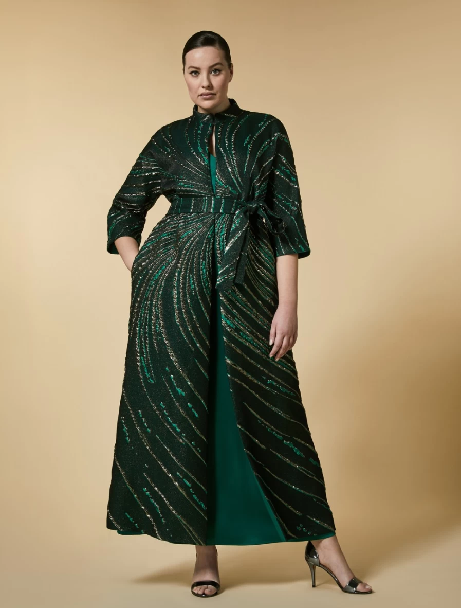 Marina Rinaldi Women's Dark Green Lurex Jacquard Duster Coat