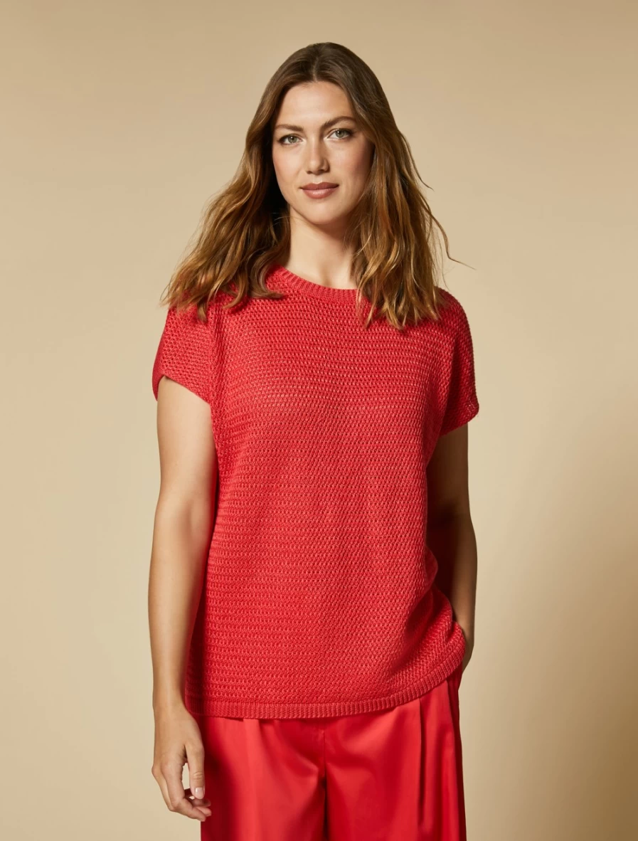 "Marina Rinaldi Women's Red Linen Sweater - Soft & Breathable Knit Top"