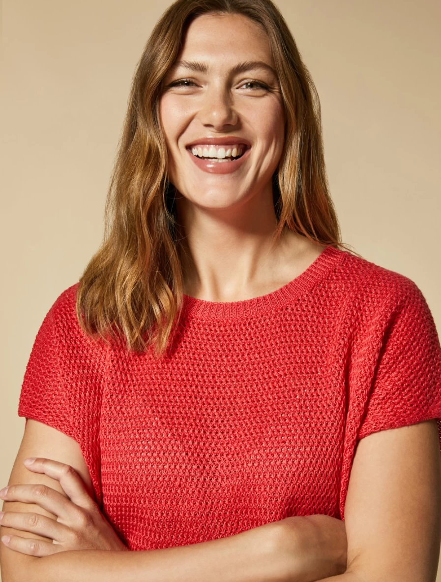 "Marina Rinaldi Women's Red Linen Sweater - Soft & Breathable Knit Top"